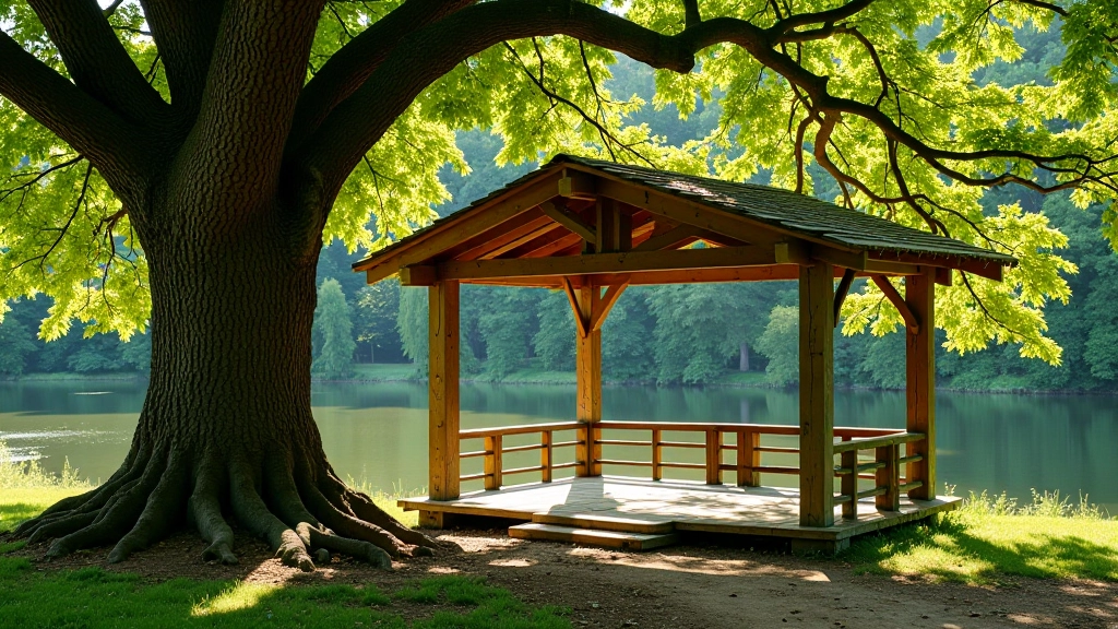 Paviljonas prie didelio ąžuolo medžio, šalia upės, vidinis peizažas
